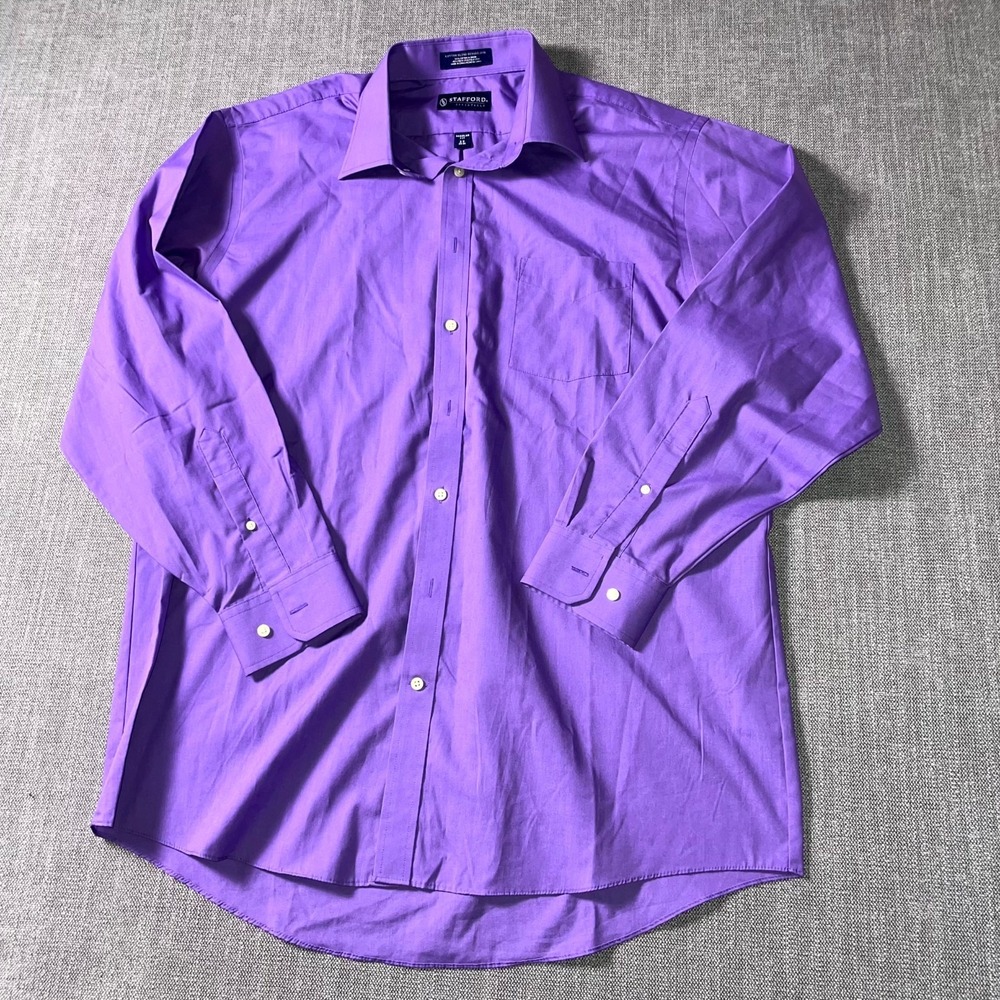 Stafford Dress Shirt‎ Mens 17 Purple Cotton Regular Fit Office Wear Business